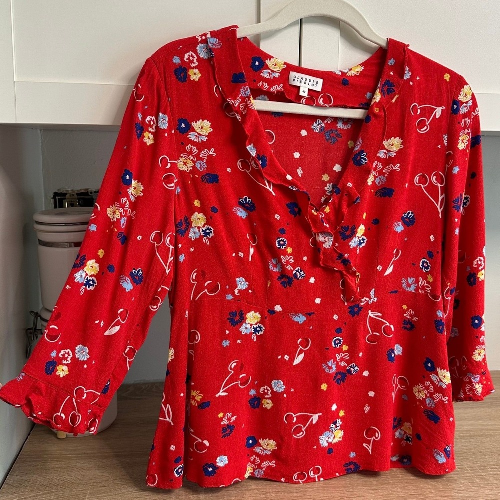 Claudie Pierlot Barneto Blouse Womens M Cherry Print 3/4 Sleeve Peplum Designer